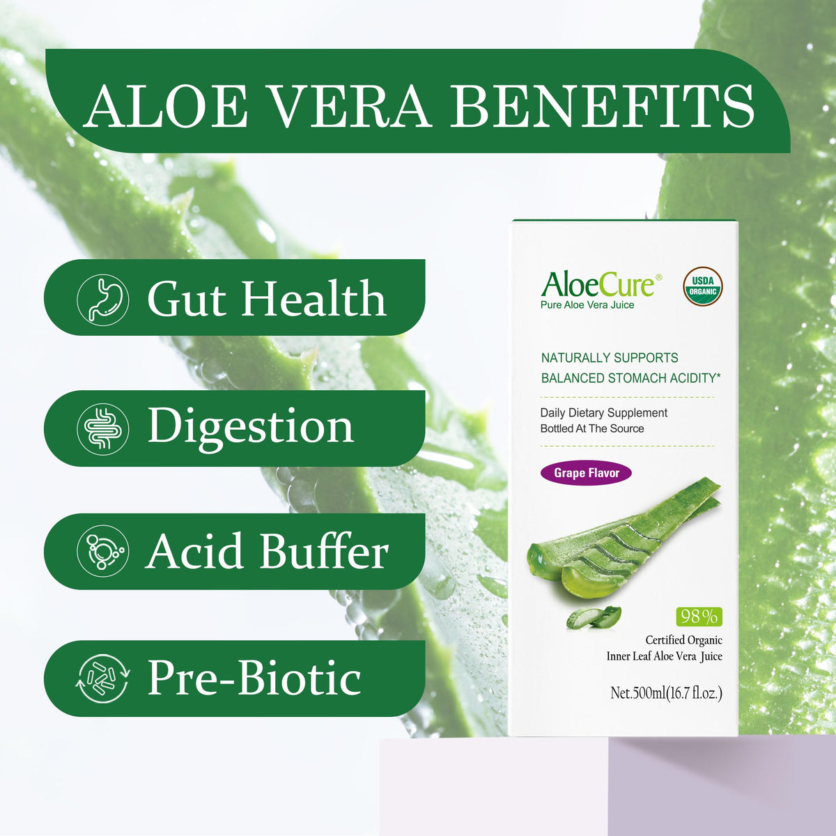 AloeCure Jus d'Aloe Vera Bio Saveur Raisin Bouteilles 6 pack