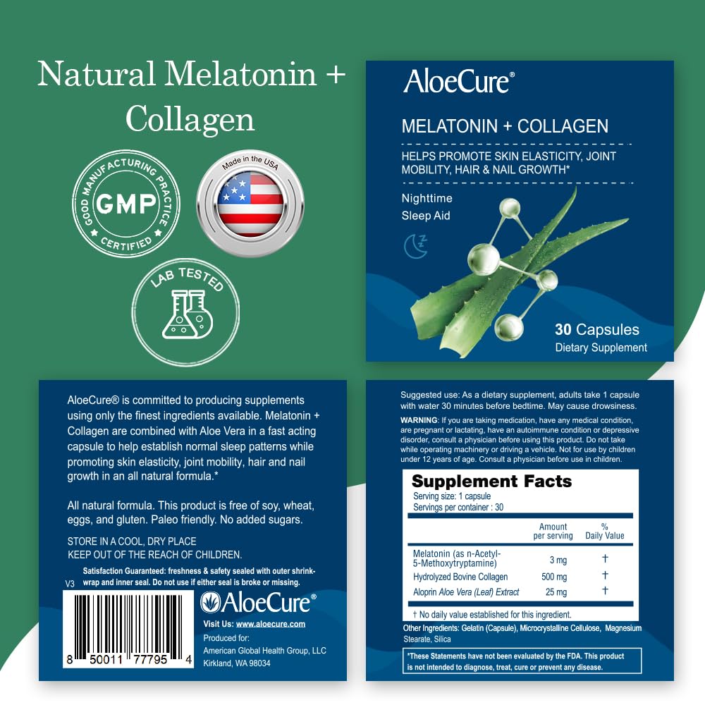 AloeCure Melatonin Collagène sur une table