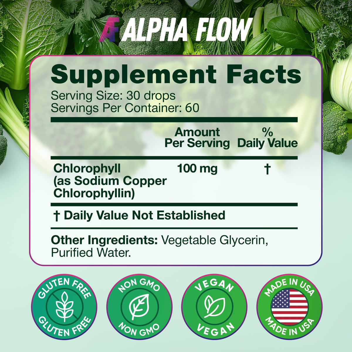 Alpha Flow Gouttes Liquides de Chlorophylle avec verre d'eau