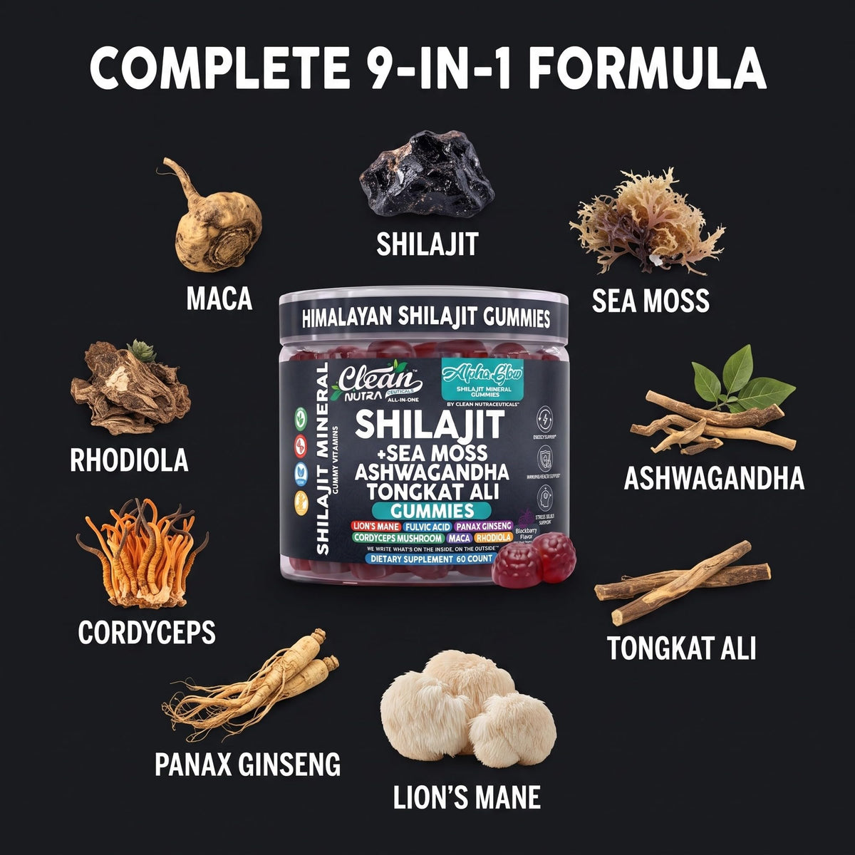 Alpha Glow Gummies displayed with fresh ingredients