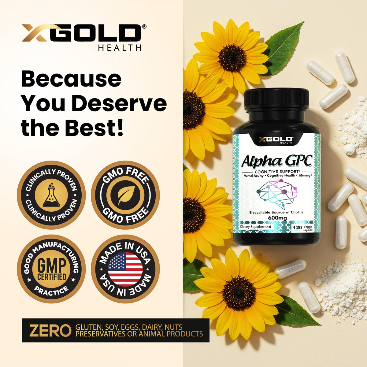Alpha GPC Choline 600mg sur une surface en bois