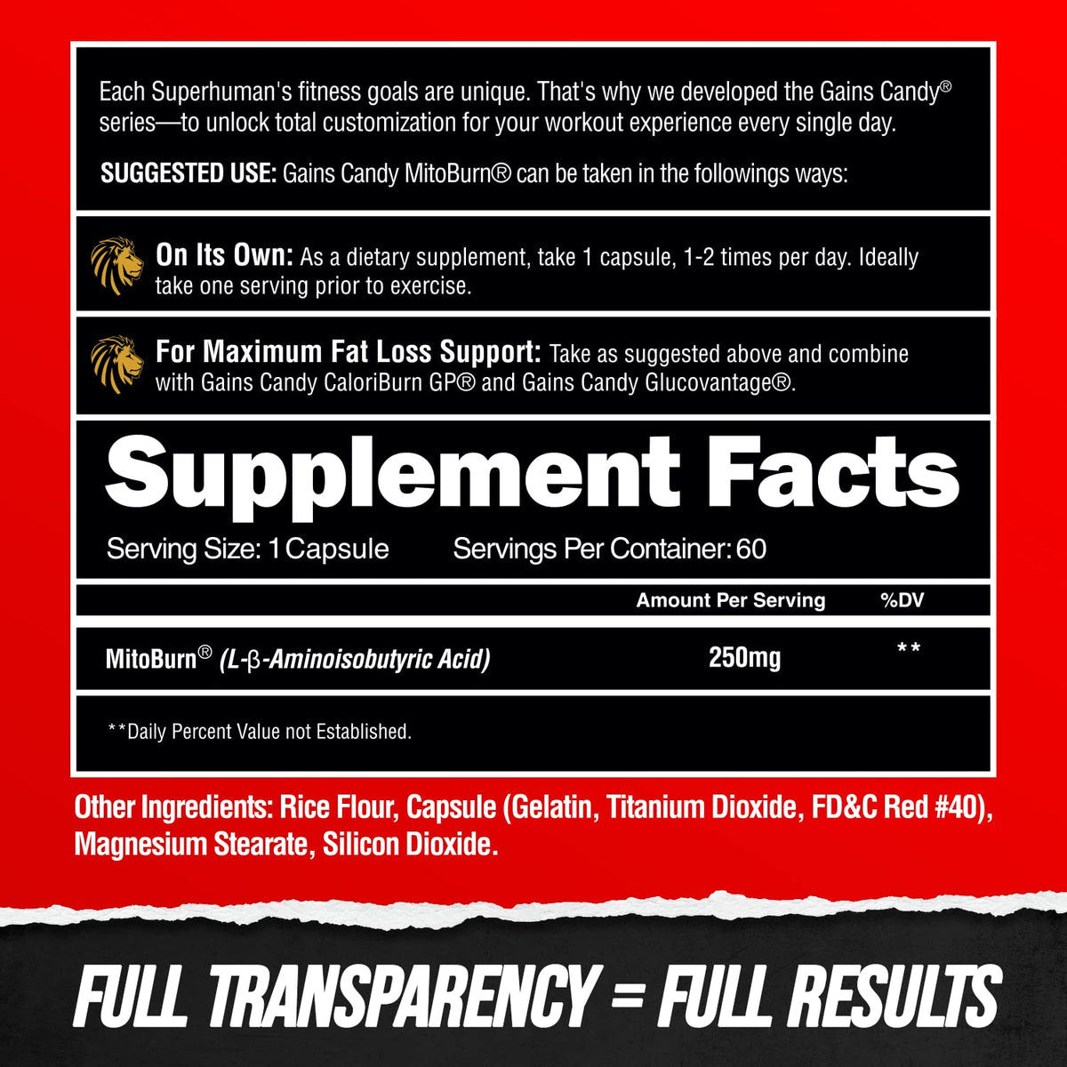 ALPHA LION Gains Candy MitoBurn nutritional information