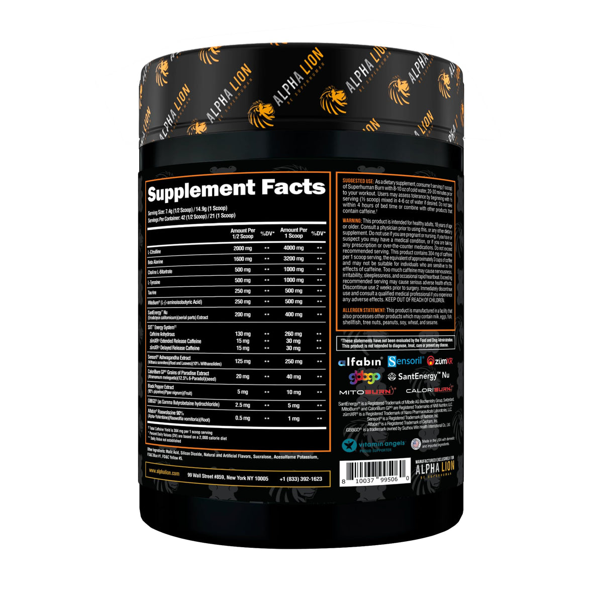 ALPHA LION Superhuman Burn 2 en 1 Pré-Workout 399g packaging
