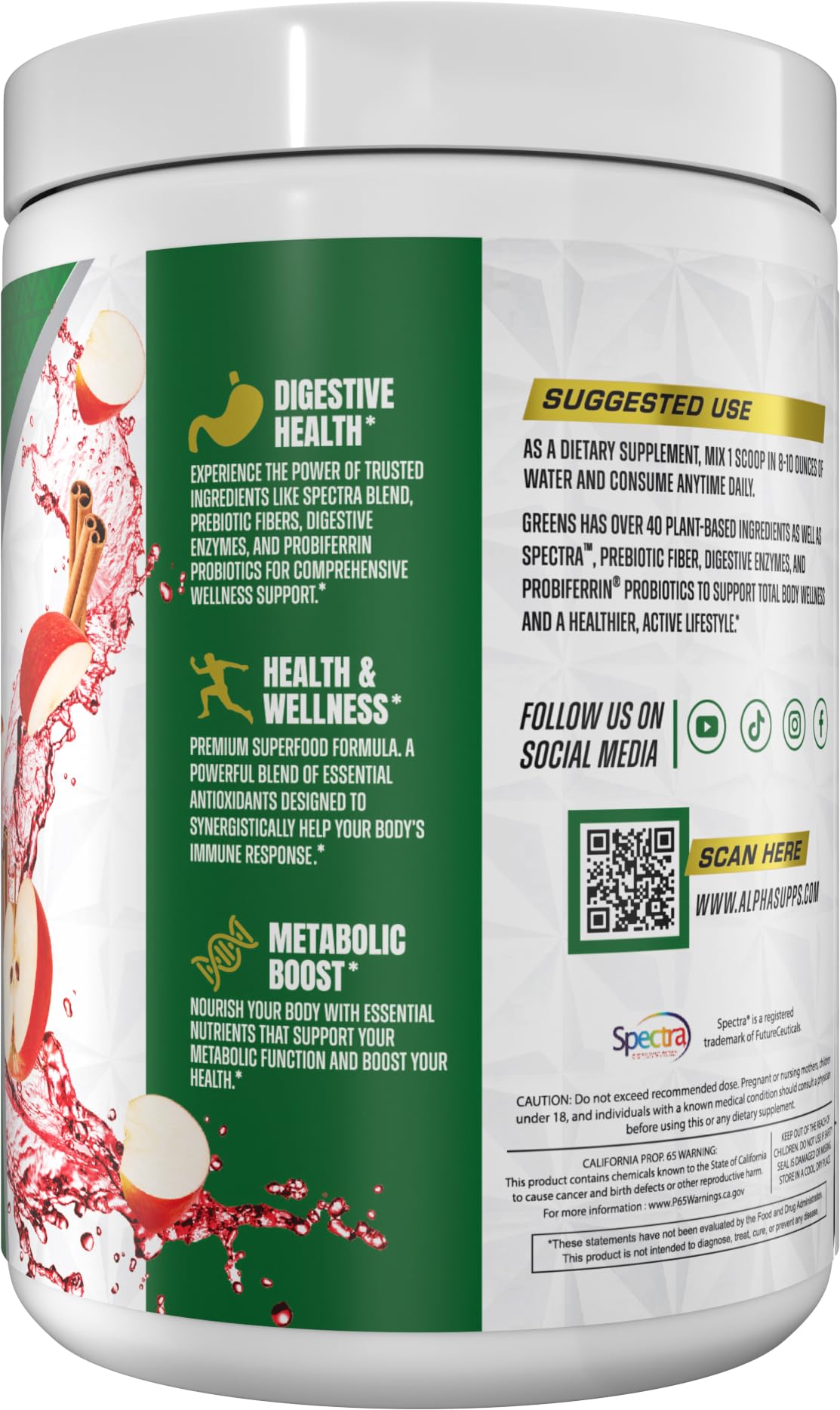 Alpha Supps Alpha Greens Poudre Superaliment 331g sur une table avec fruits