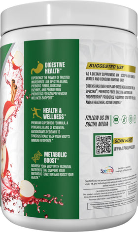 Alpha Supps Alpha Greens Poudre Superaliment 331g sur une table avec fruits