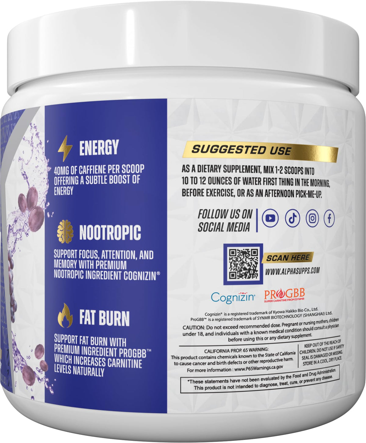 Alpha Supps Amino NRG+ BCAA Poudre Énergie 240g avec une cuillère doseuse
