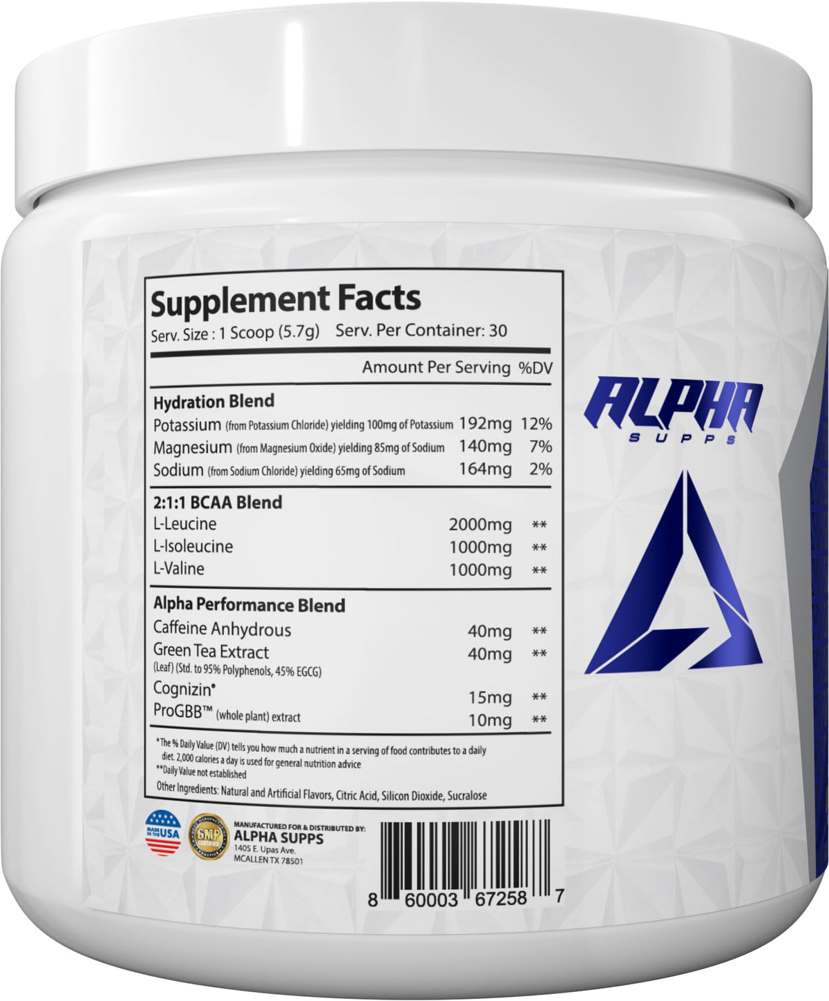 Alpha Supps Amino NRG+ BCAA Poudre Énergie 240g dans un shaker