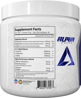 Alpha Supps Amino NRG+ BCAA Poudre Énergie 240g dans un shaker