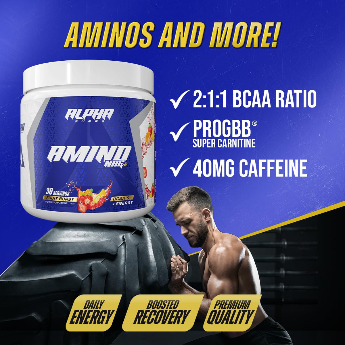 Alpha Supps Amino NRG+ BCAA Poudre Énergie 240g dos de l'emballage