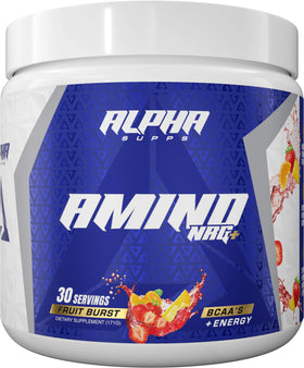Alpha Supps Amino NRG+ poudre de récupération 240g avec fruits en arrière-plan