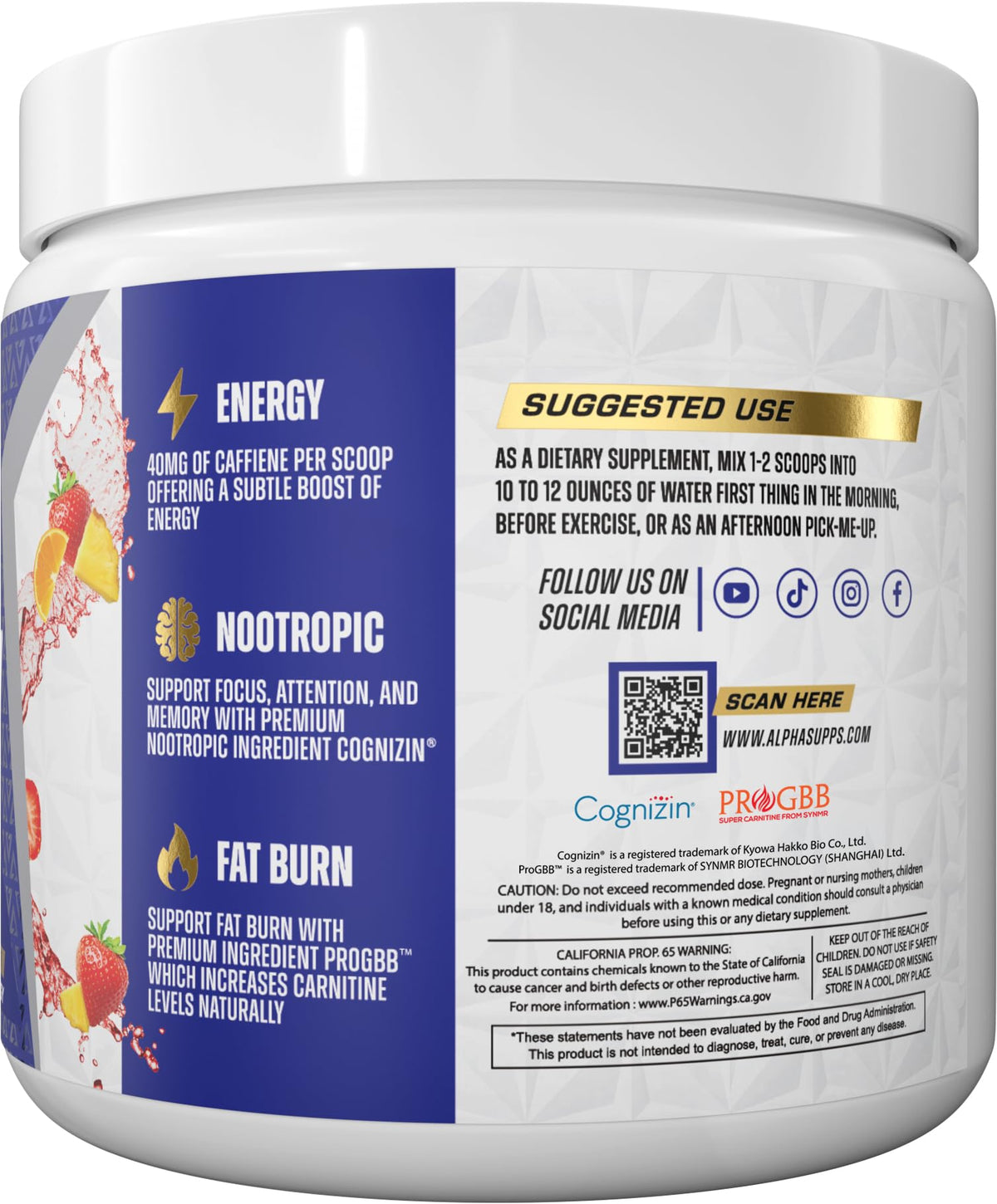 Alpha Supps Amino NRG+ poudre de récupération 240g étiquette nutritionnelle