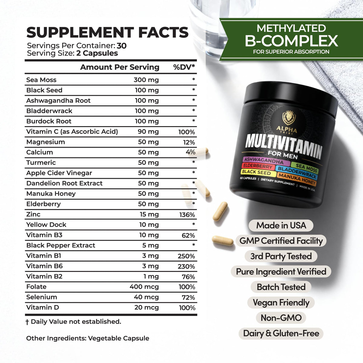 Alpha Tribe multivitamine homme 82g, capsules sur une table