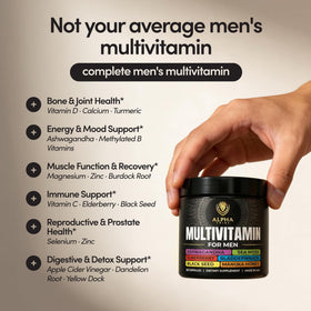 Alpha Tribe Multivitamine Homme affichée avec fruits et légumes