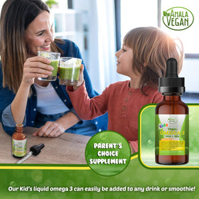 Amala Vegan Omega 3 pour enfants, présentation du produit sur une table