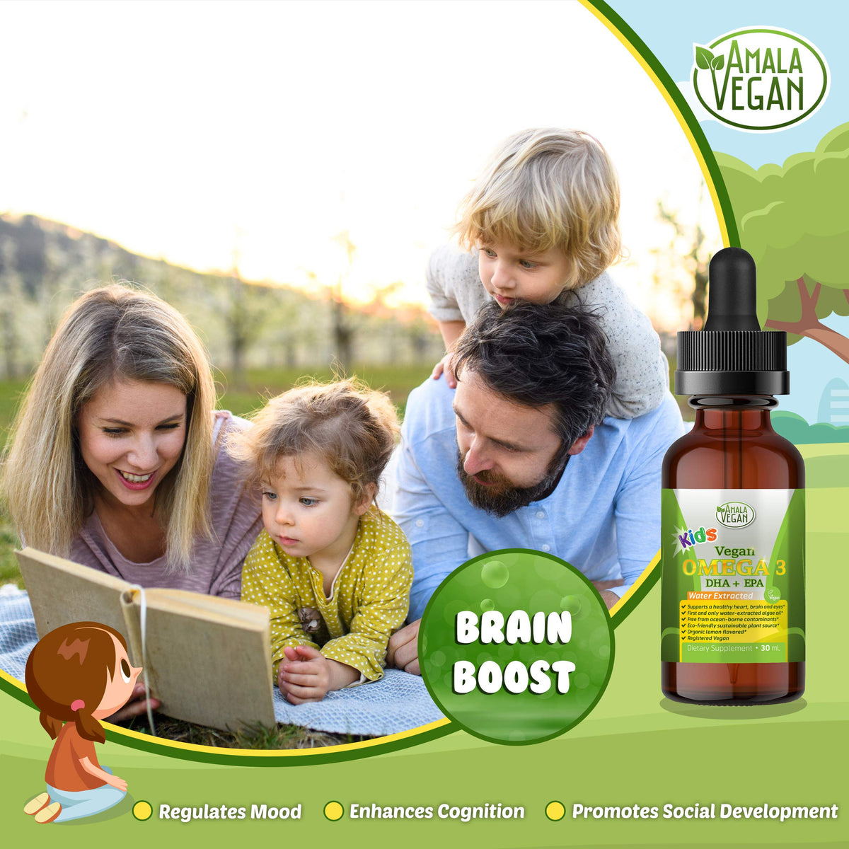 Amala Vegan Omega 3 pour enfants sur un fond neutre