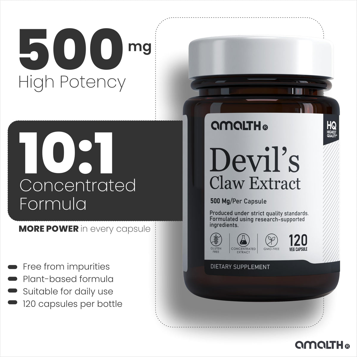AMALTH capsules d'extrait de harpagophytum 500 mg sur un fond blanc