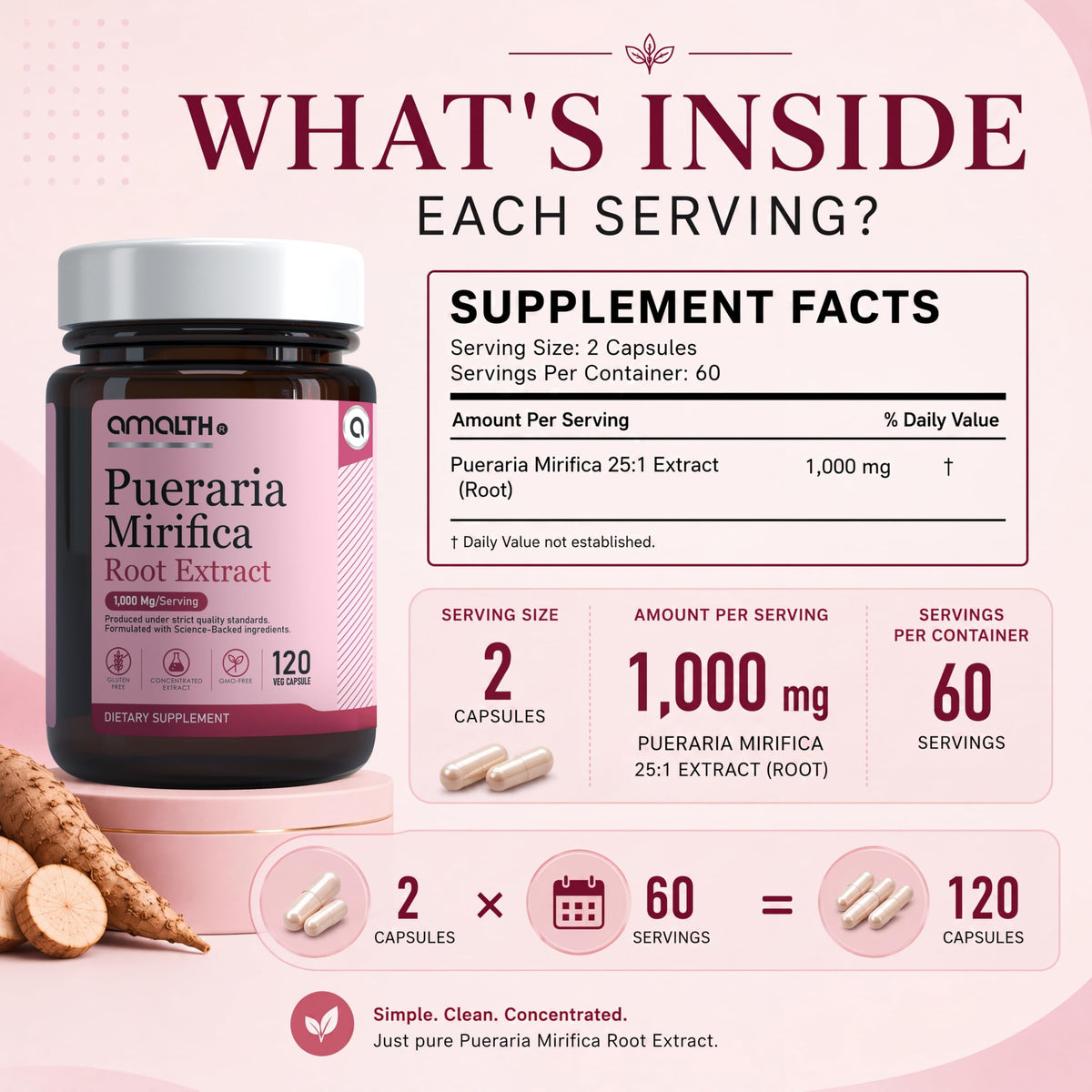 AMALTH Capsules de Pueraria Mirifica 1000 mg 120 Capsules sur fond blanc