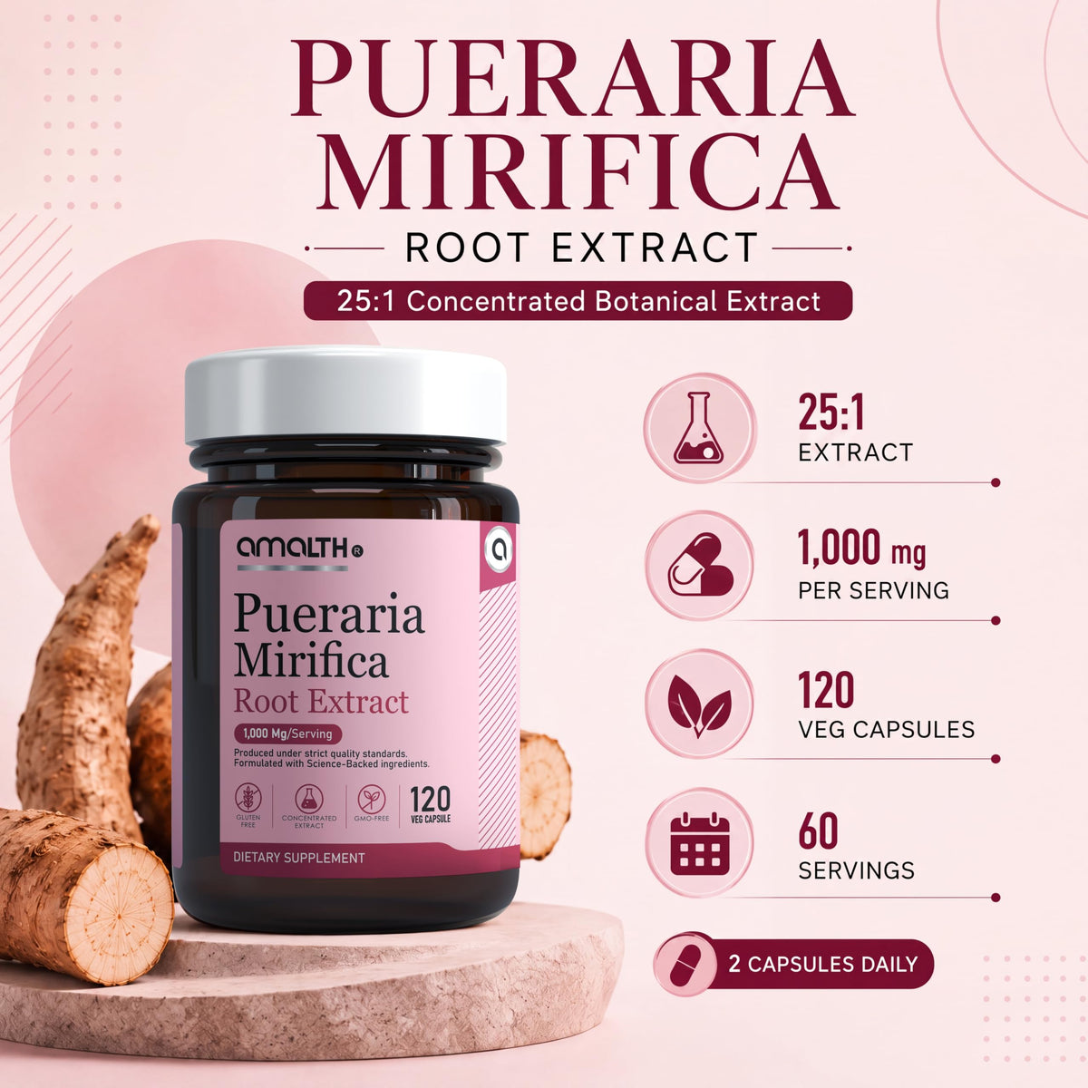 AMALTH Capsules de Pueraria Mirifica 1000 mg 120 Capsules vue de dos