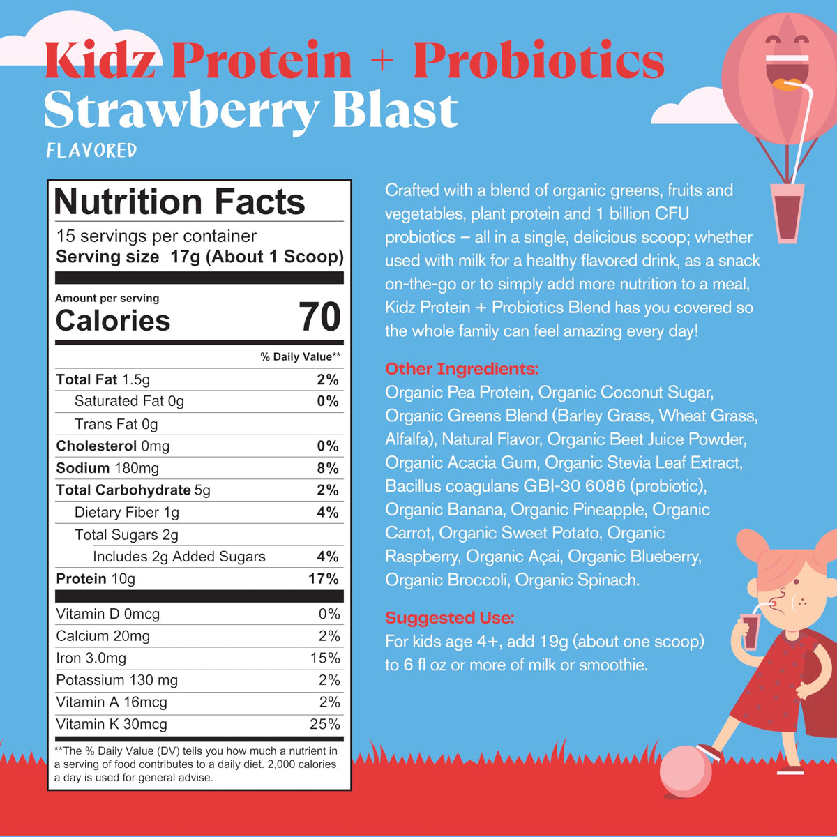 Amazing Grass Kidz Superfood Fraise - vue arrière du packaging