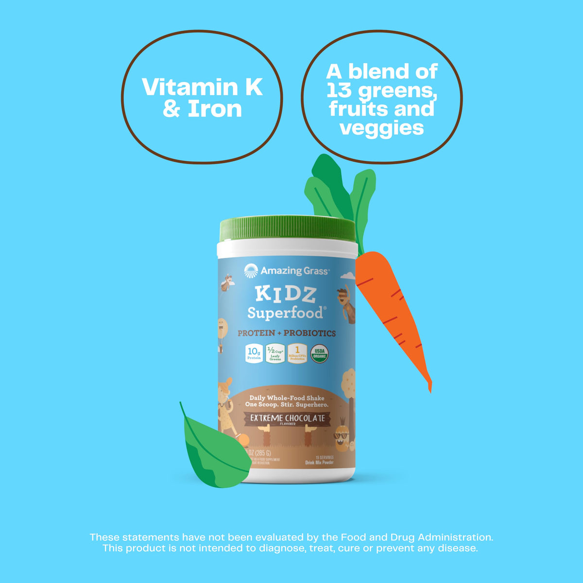 Amazing Grass Kidz Superfood Protéines Végétales Chocolat Extrême avec une cuillère