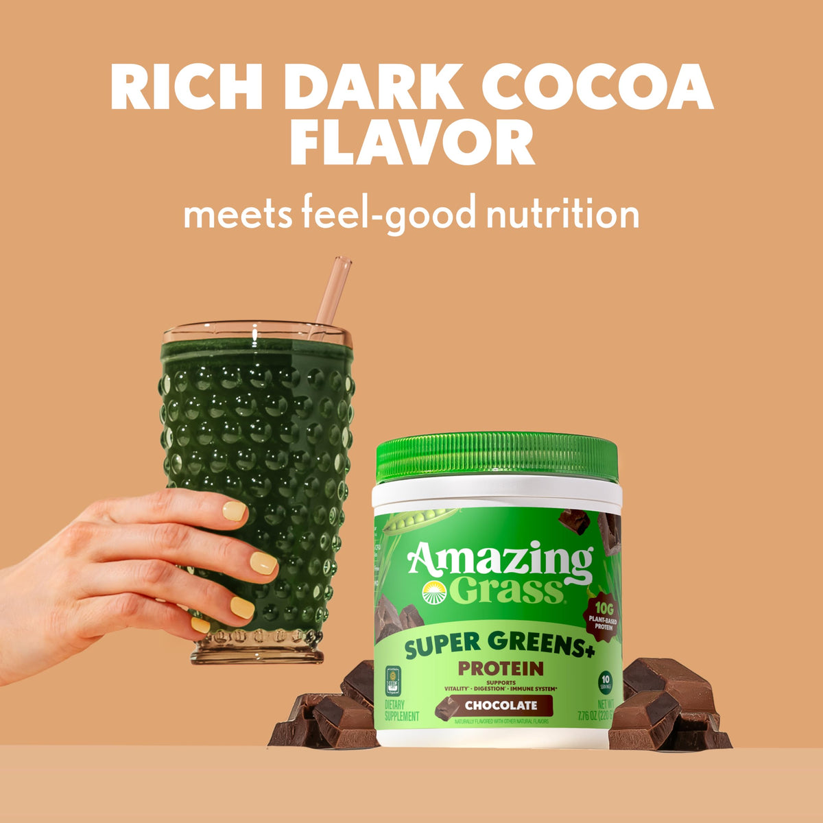Amazing Grass Super Greens+ Poudre de Protéines Chocolat 299g avec cuillère