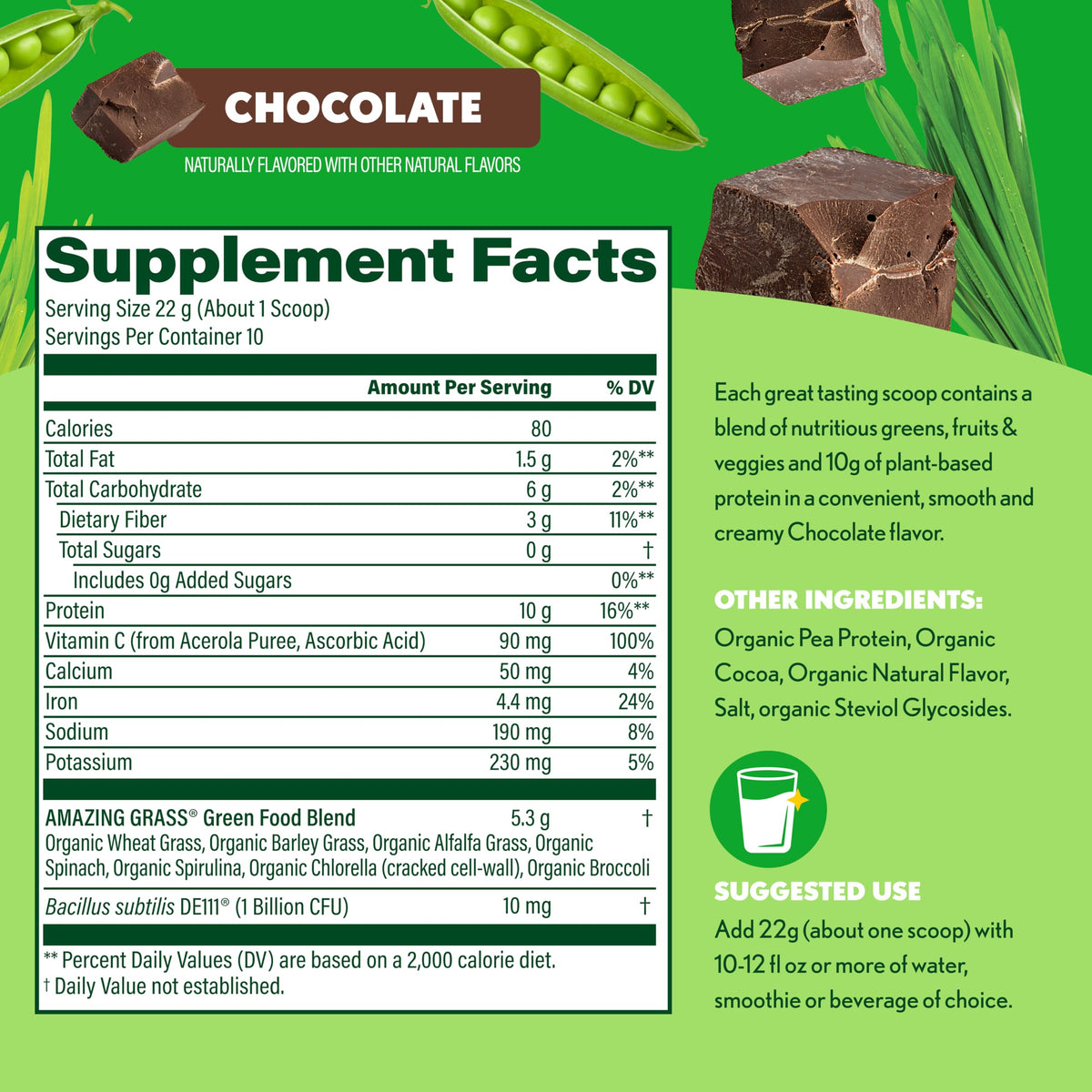 Amazing Grass Super Greens+ Poudre de Protéines Chocolat dans un verre