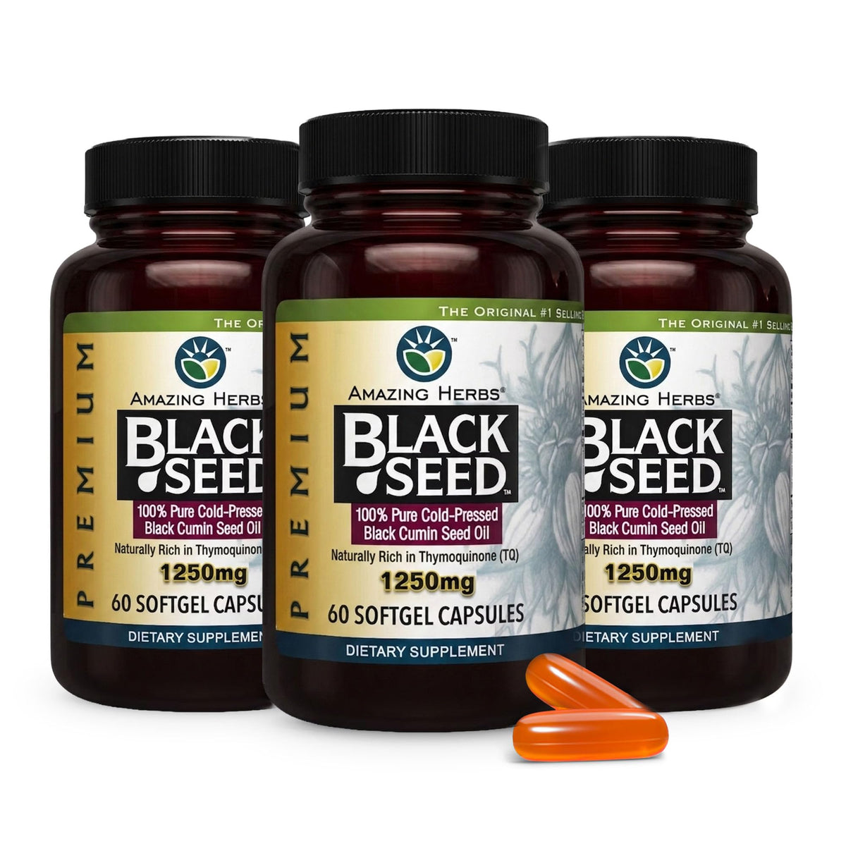 Amazing Herbs Huile de Graines Noires 1250mg 60 Capsules Molles