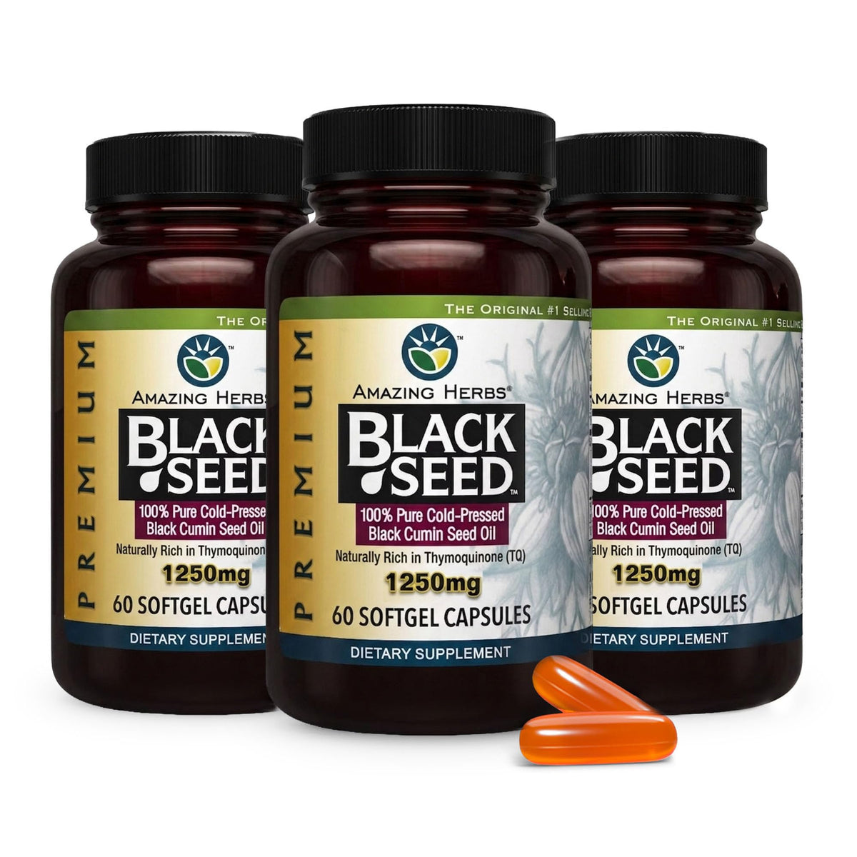 Amazing Herbs Huile de Graines Noires 60 gélules 1250mg vue de face