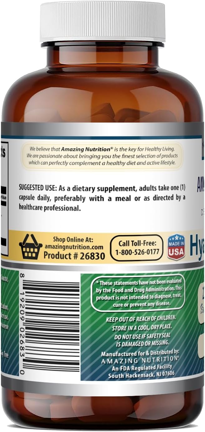 Amazing Nutrition Acide Hyaluronique 200 Mg Capsules sur une surface en bois