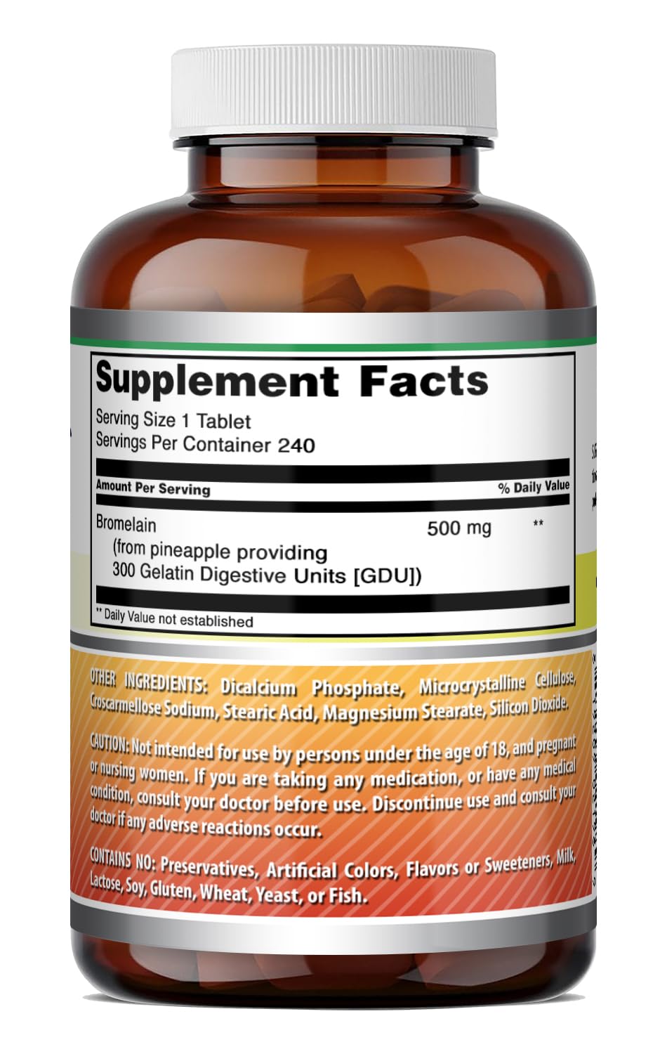 Amazing Nutrition Bromélaïne 500 mg, vue de l'arrière avec ingrédients