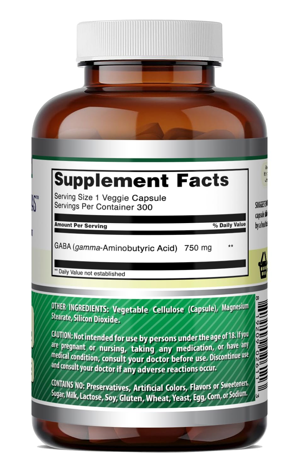 Amazing Nutrition GABA 750 mg, vue de l'arrière avec informations nutritionnelles