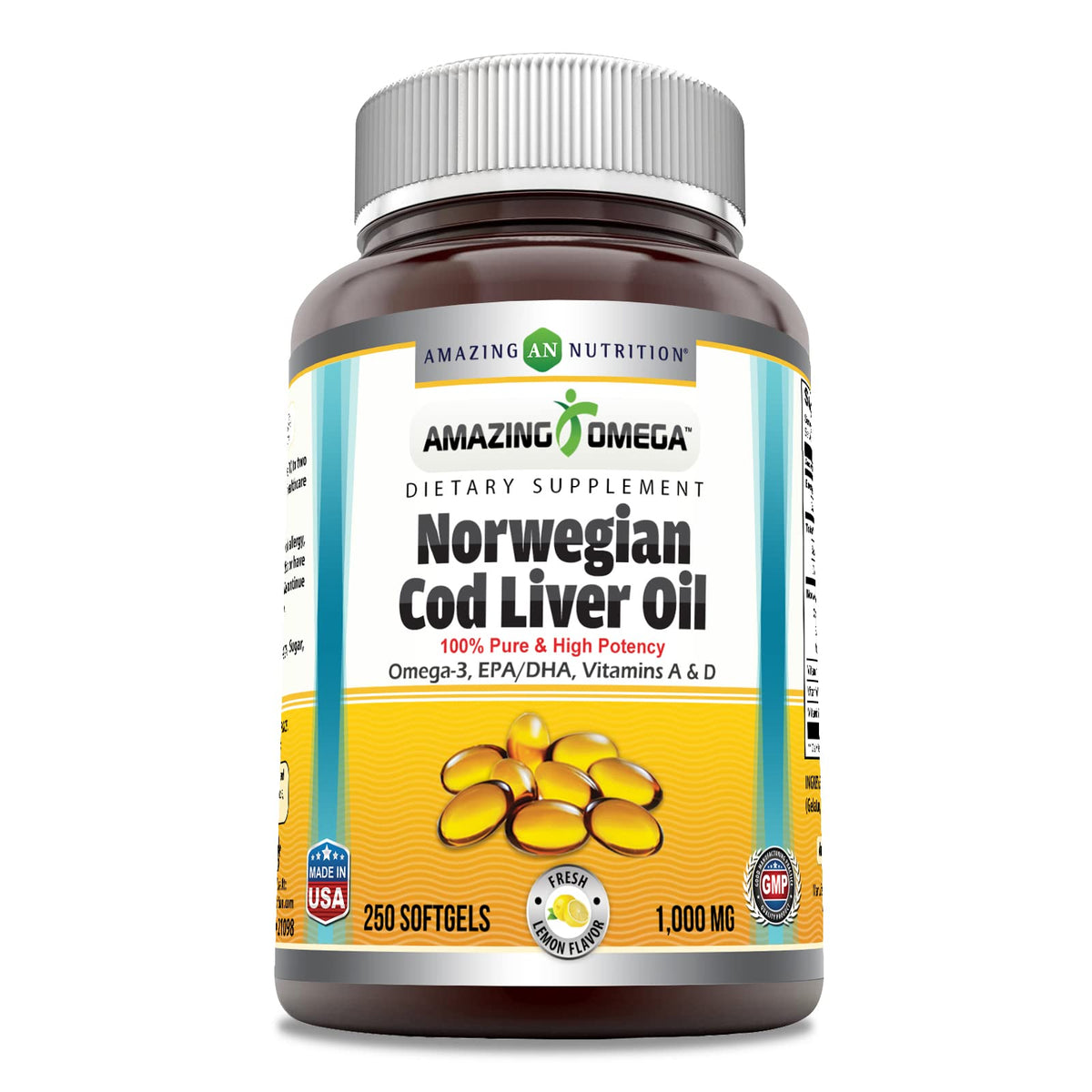 Amazing Nutrition Huile de Foie de Morue Norvégien 1000 mg 250 gélules vue avant