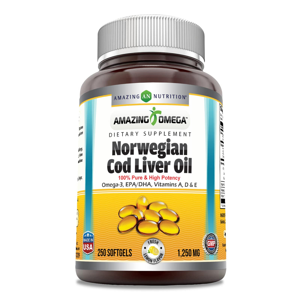 Amazing Nutrition Huile de Foie de Morue Norvégien 1250 Mg gélules vues de face