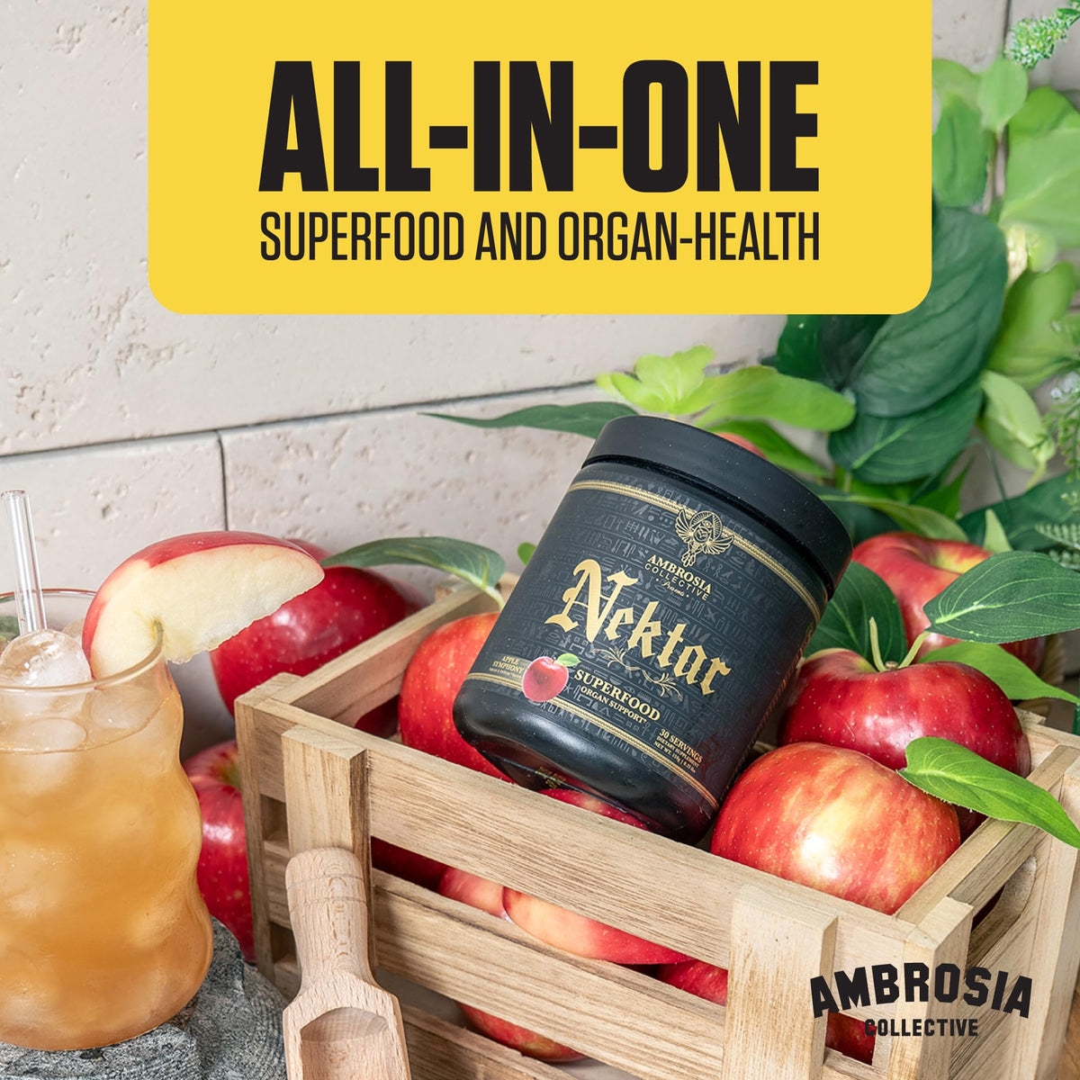 Ambrosia Nektar Poudre Superaliment 222g sur une table en bois