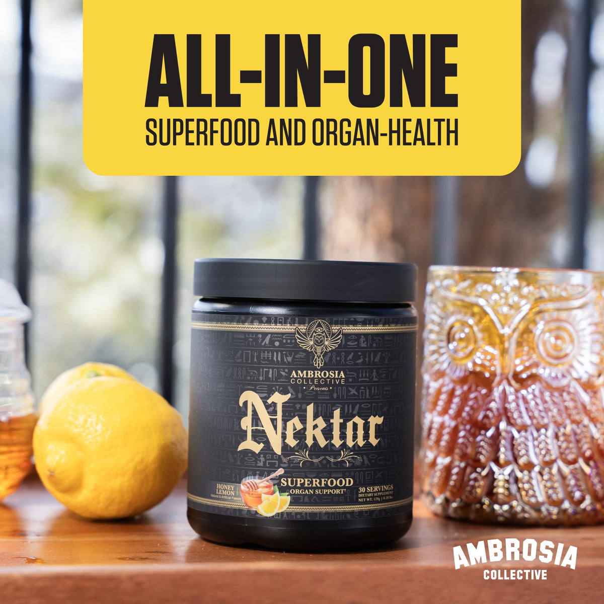Ambrosia Nektar Superfood Poudre 209g sur une table de cuisine