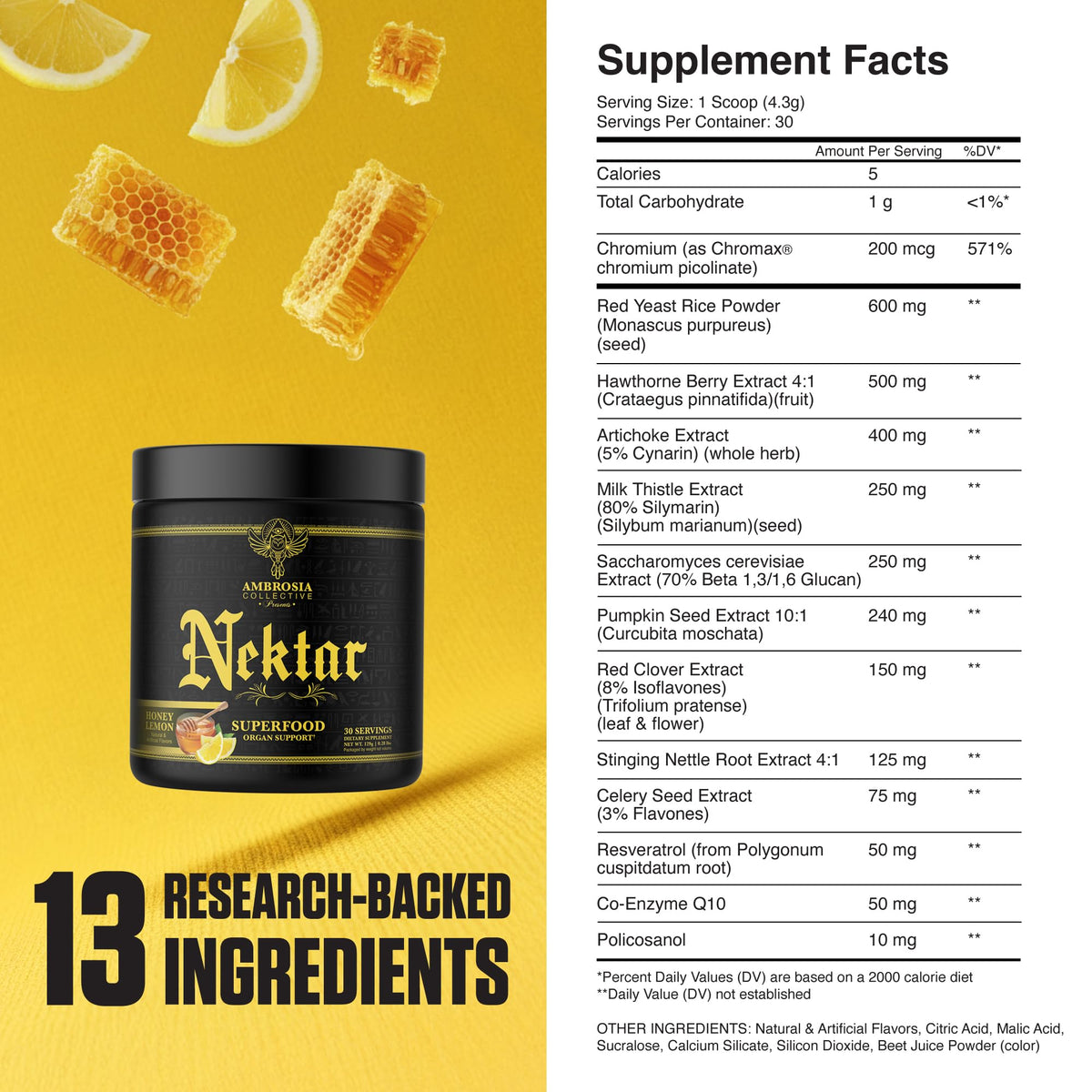 Ambrosia Nektar Superfood Poudre 209g versée dans un verre d'eau