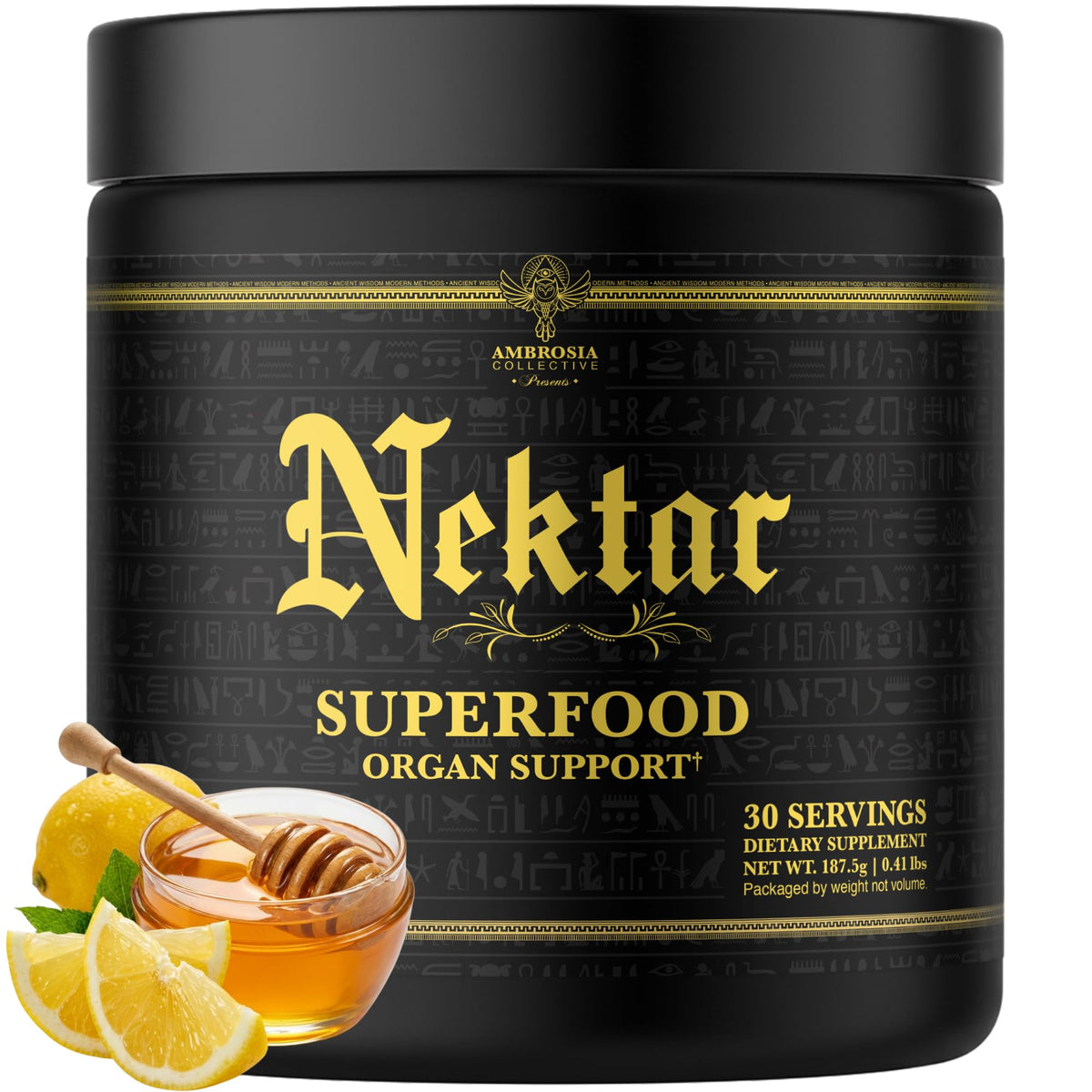 Ambrosia Nektar Superfood Poudre 209g vue avant avec étiquette miel-citron