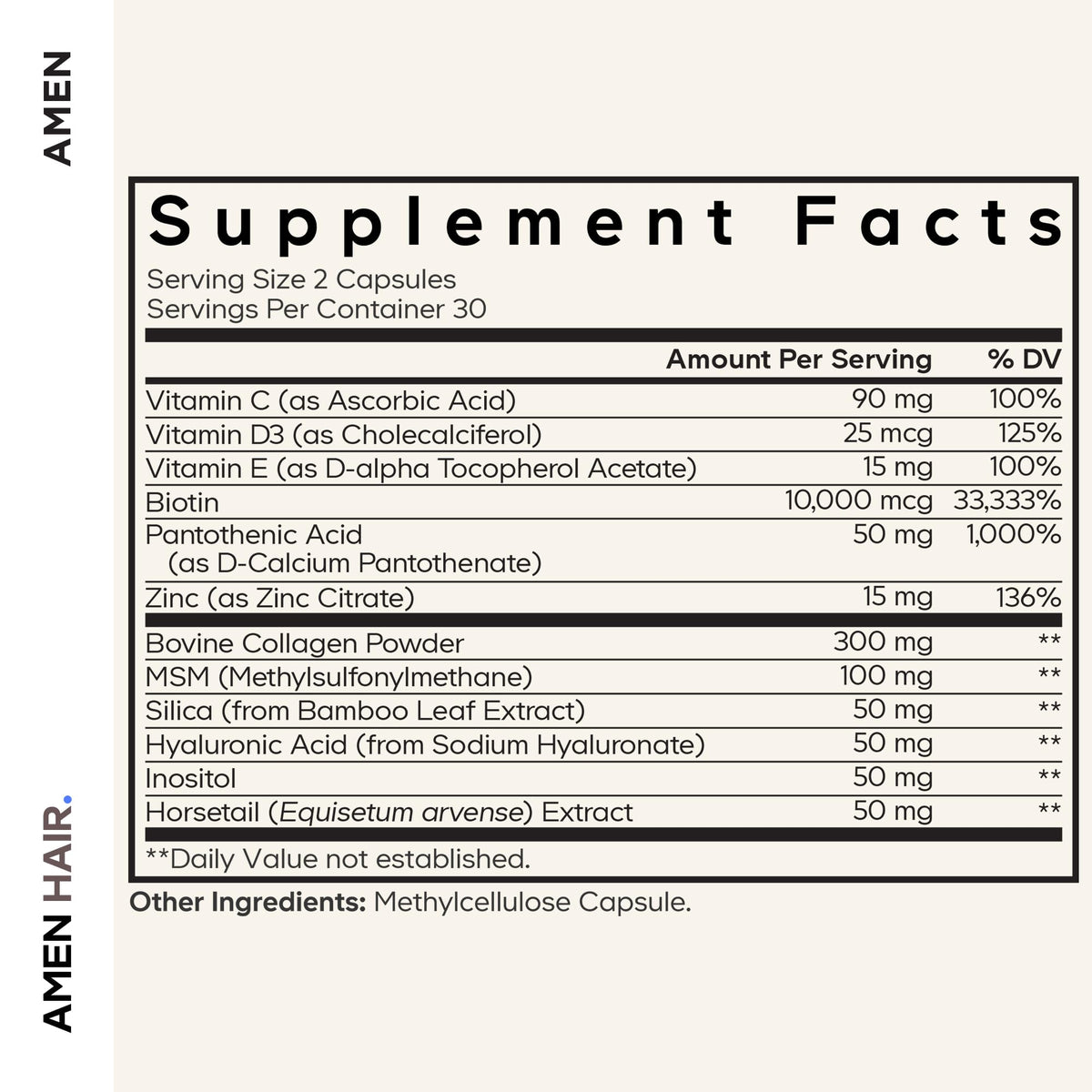 Amen Compléments Cheveux 10 000 mcg Biotine côté de l'emballage