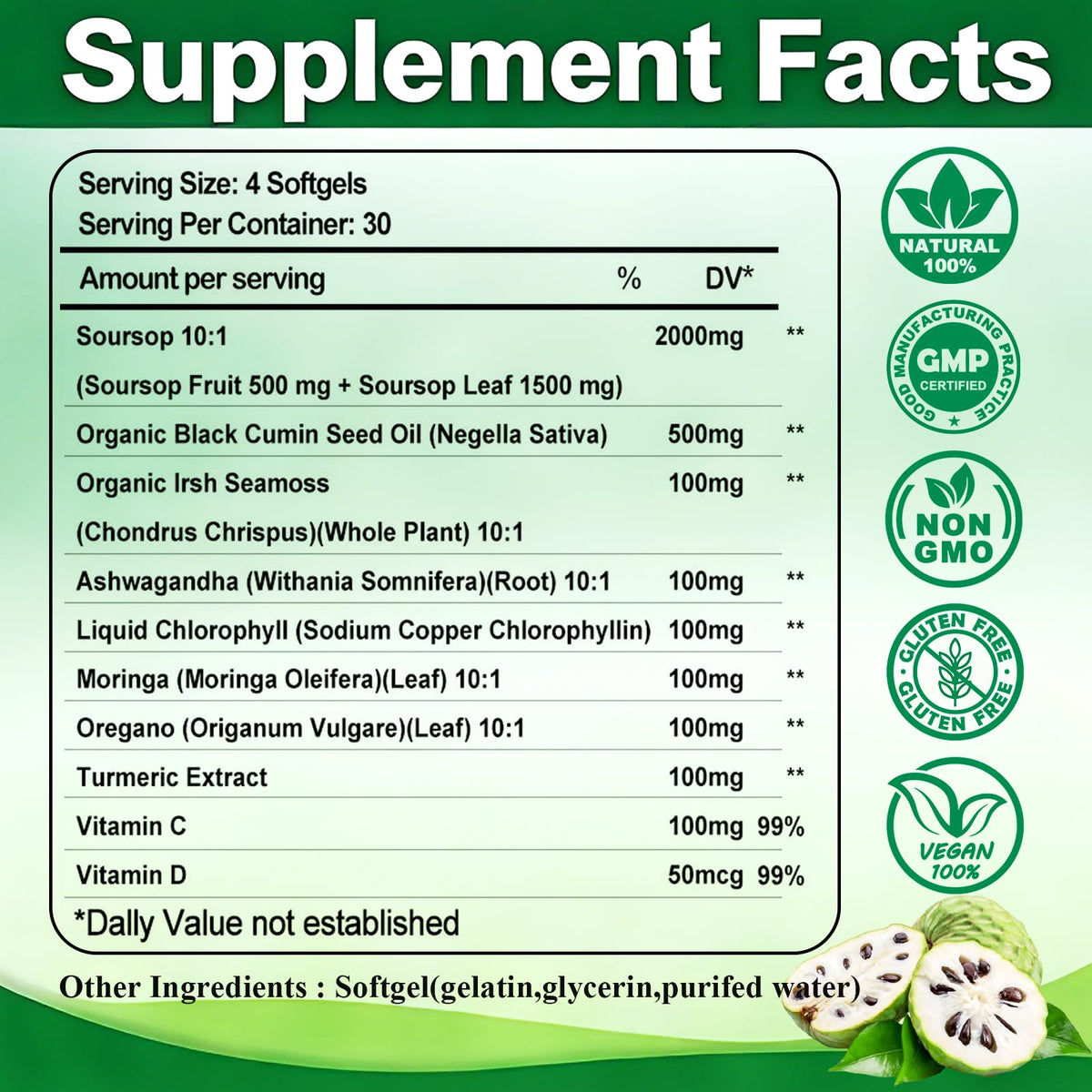 AMENQ hHEALTH Soursop 10 en 1, gélules sur une table en bois