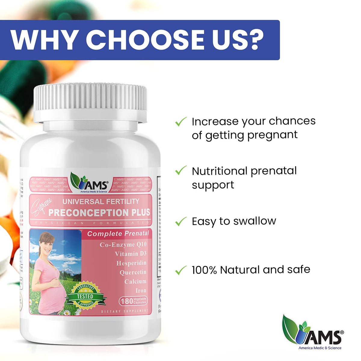 America Medic & Science Préconception Plus 180 capsules, capsules à l'extérieur du flacon