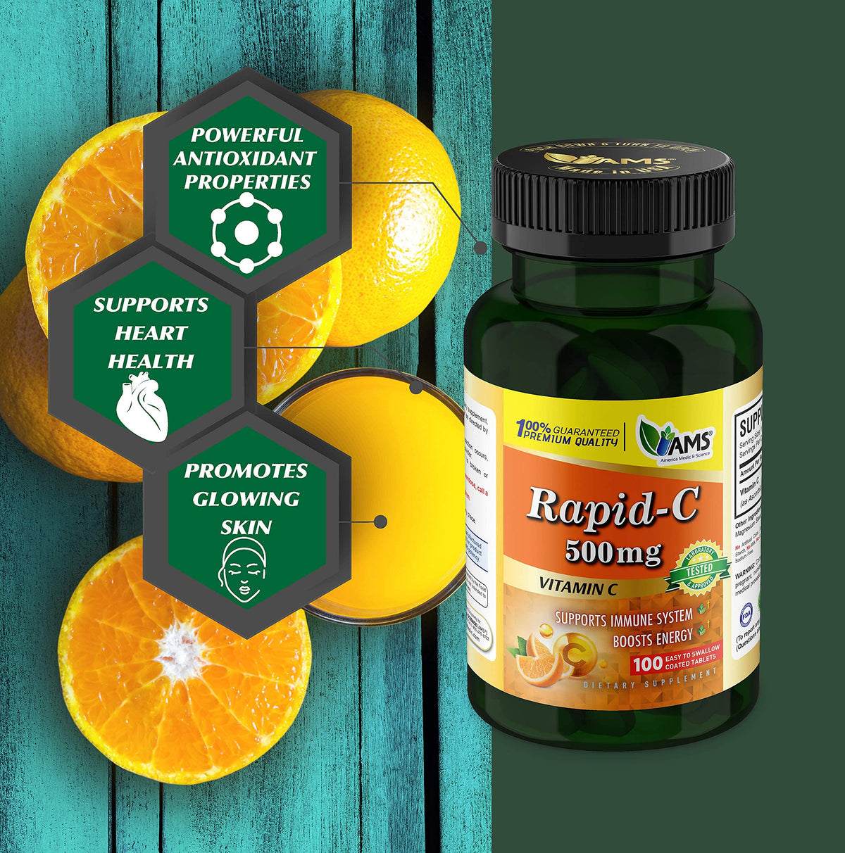 America Medic & Science Rapid-C 500mg comprimés avec verre d'eau