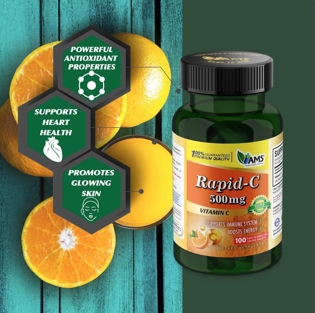 America Medic & Science Rapid-C 500mg - comprimés sur une table