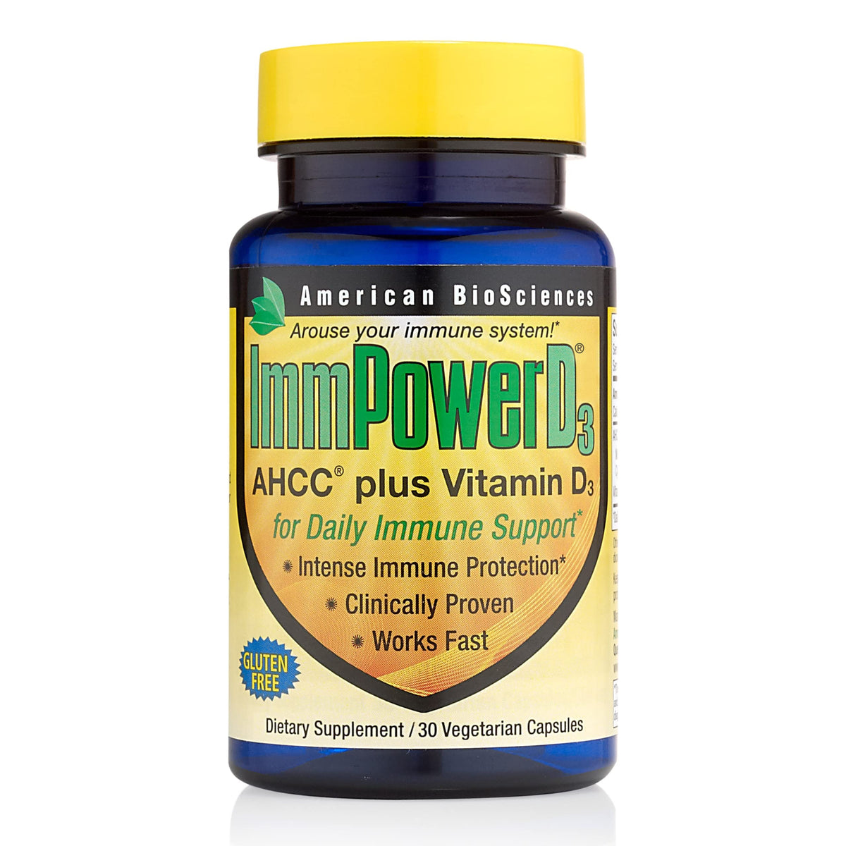 American BioSciences ImmpowerD3 AHCC + Vitamine D3 30 capsules, vue de face