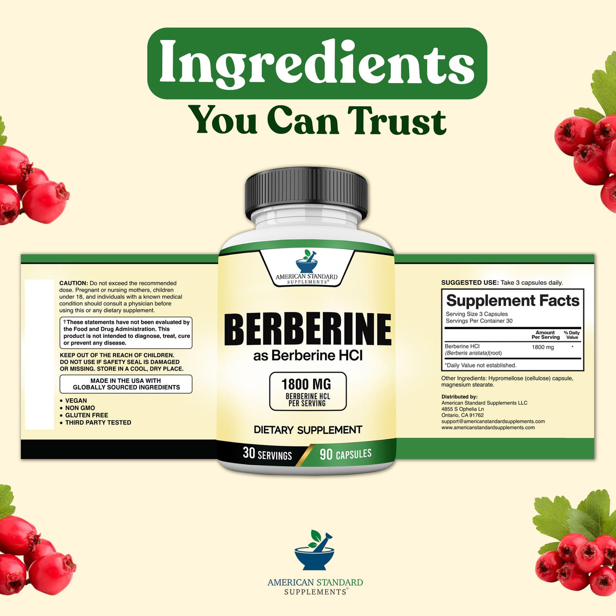 American Standard Supplements capsules de berbérine sur fond blanc