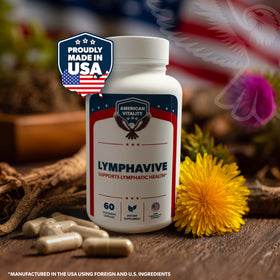 AMERICAN VITALITY LymphaVive 150g sur une table avec des ingrédients naturels