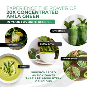 Amla Green Poudre d'Amla sur une table avec des baies d'Amla