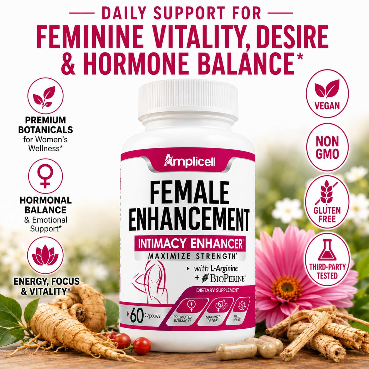 Amplicell Complément Alimentaire Femme sur une table en bois