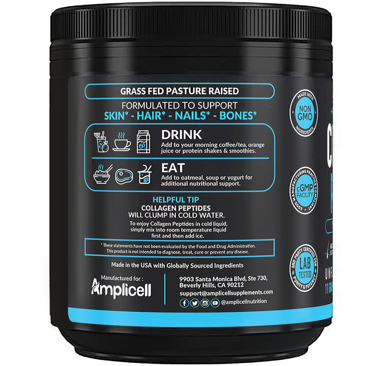 Amplicell Poudre de Collagène Multi-Peptides 599g et bouteille d'eau