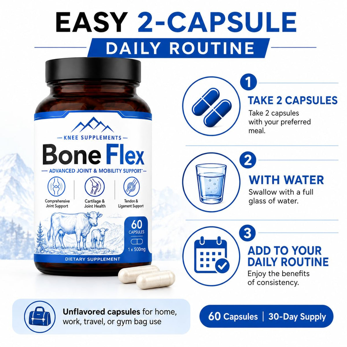 Amvora BoneFlex Capsules avec un verre d'eau prêt à être pris