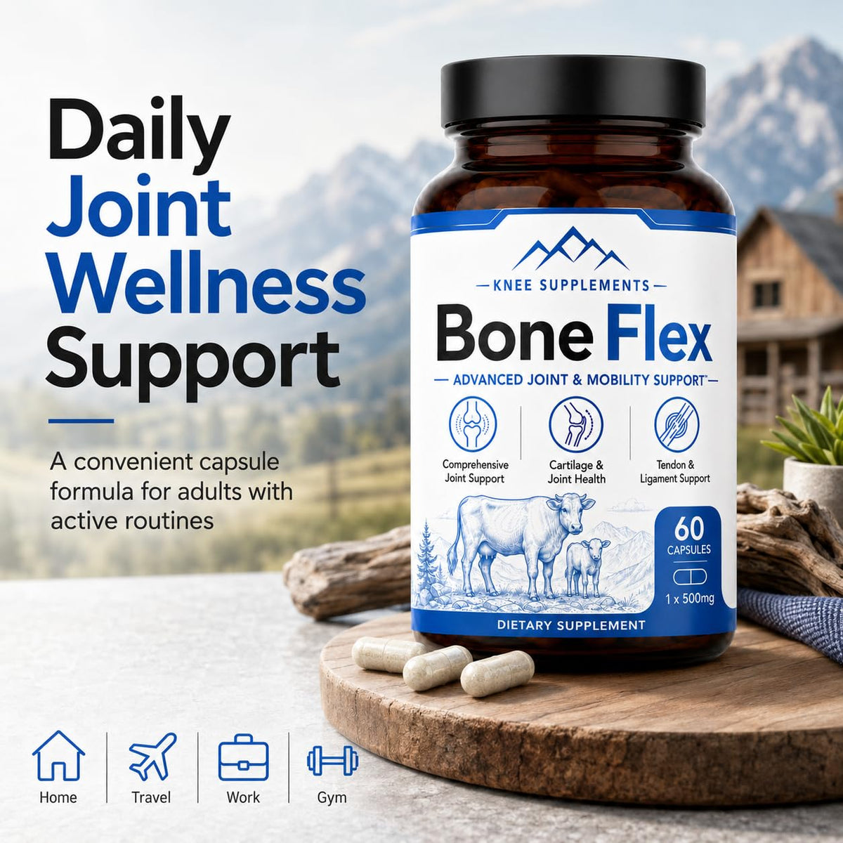 Amvora BoneFlex Capsules pour un usage quotidien à côté d'un sac de sport